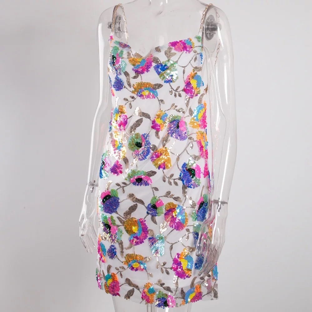 multicolor sequin gold chain strap mini sheath party dress white new with tag S - Picture 8 of 12